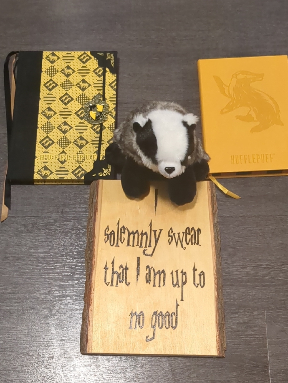 Harry Potter Lot Hufflepuff 2 Leather Journals Honeybadger & Wood Burn Sign